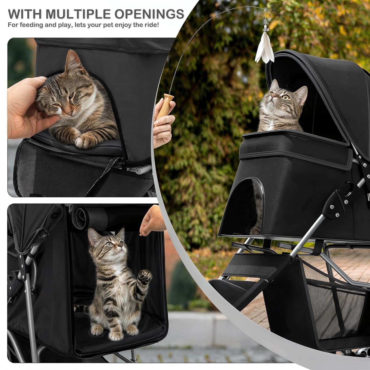 Foldable Pet Stroller with Weather Cover, 3 Wheels Pet Strolling Cart for Small/Medium Dogs and Cats with Storage Basket and Cup Holder, Breathable and Visible Mesh for All-Season, Black