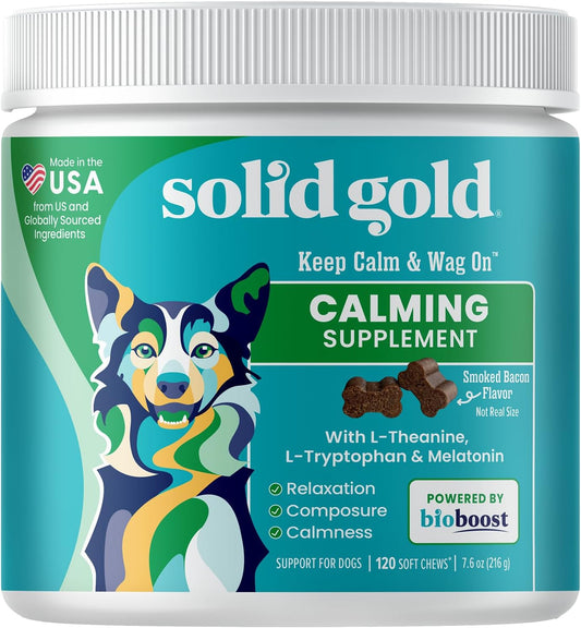 Calming Chews for Dogs - Dog Calming Chews W/Melatonin for Separation, Stress & Hyperactivity Relief - Supports Relaxation for Travel, Fireworks & Storms - All Ages & Sizes - Bacon 120Ct