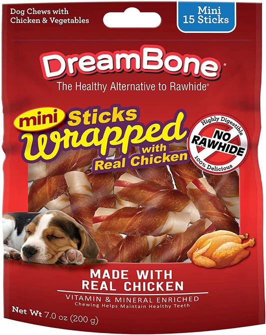 Mini Sticks Wrapped with Real Chicken, Rawhide Free Dog Chew Sticks, 15 Count