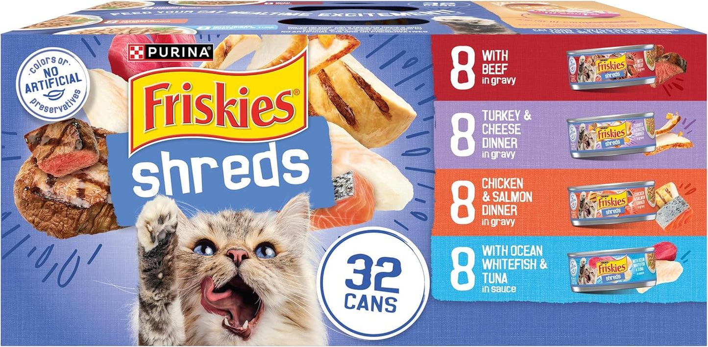 Purina  Gravy Wet Cat Food Variety Pack, Savory Shreds with Beef, Turkey and Cheese Dinner, Chicken and Salmon Dinner, with Ocean Whitefish and Tuna - (Pack of 32) 5.5 Oz. Cans