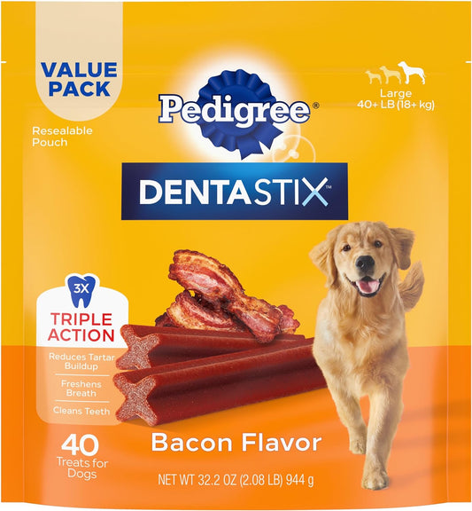 Dentastix Large Breed Dog Treats, Bacon Flavor, 2.08 Lb. Bag (40 Treats)