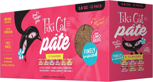 Tiki Cat Grill Pâté Variety Pack, Combinations of Real Flaked Fish, Wet High-Protein & High-Moisture Cat Food, 2.8 Oz. Cans (Pack of 12)