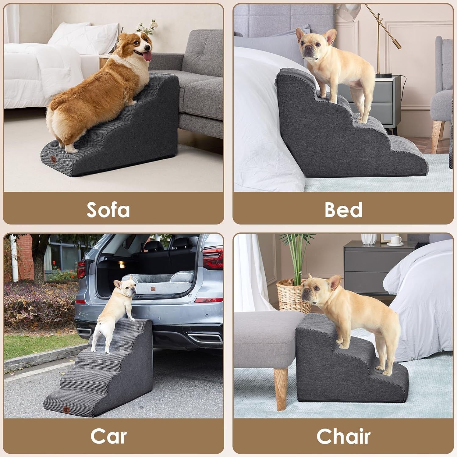 Curved Dog Stairs Ramp for Small Dogs 15.7" H, 3-Step Dog Steps for Couch Sofa and Chair, Pet Stairs for Cats, Non-Slip Balanced Pet Steps Indoor, Grey