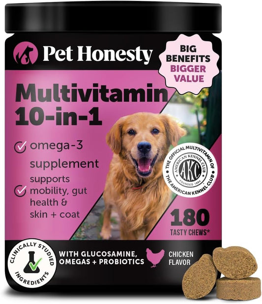 Dog Multivitamin - 10 in 1 Dog Vitamins for Health & Heart - Omega Fish Oil, Glucosamine & Probiotics - Dog Vitamins and Supplements for Skin and Coat (Chicken 180 Ct)