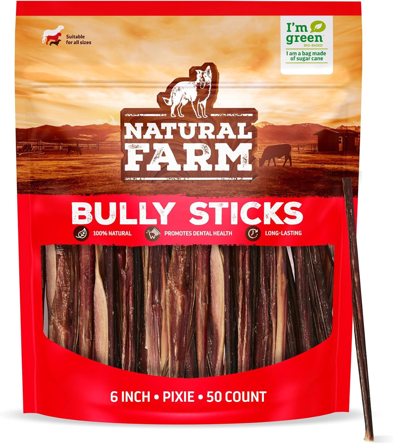 Bully Sticks (6 Inch, 50 Pack), Thin Pixie Pizzle Beef Treats, Grain-Free, High Protein, Best Rawhide Alternative for Small, Puppies or Senior Dogs