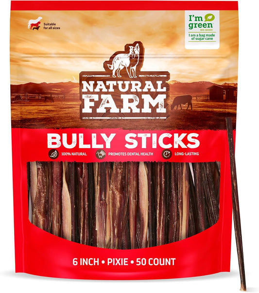 Bully Sticks (6 Inch, 50 Pack), Thin Pixie Pizzle Beef Treats, Grain-Free, High Protein, Best Rawhide Alternative for Small, Puppies or Senior Dogs