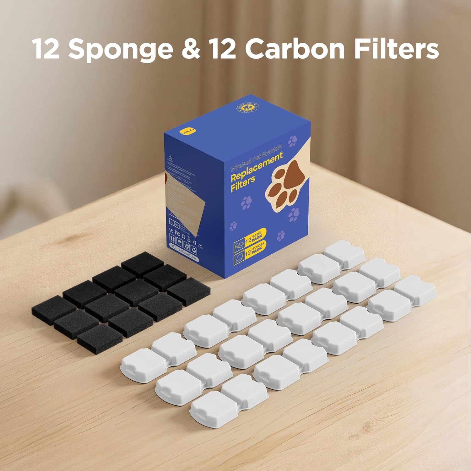 Cat Water Fountain Filter: 24 Cat Fountain Filter Replacement - 24 Pet Fountain Filter - 12 Carbon Filters & 12 Foam Filters - Suitable for  Stainless Steel Cat Fountain S11