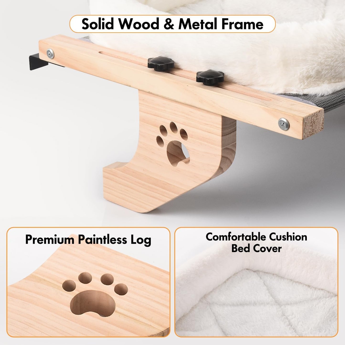 Cat Sill Window Perch Sturdy Hammock Window Seat with Cushion Cover, Wood & Metal Frame for Large Cats, Easy to Adjust Cat Bed for Windowsill, Bedside, Drawer and Cabinet (XL)