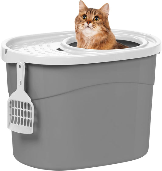 USA Top Entry Cat Litter Box, Large Enclosed with Litter Catching Lid and Scoop, Dog Proof, Cat Litter Box, Gray/White