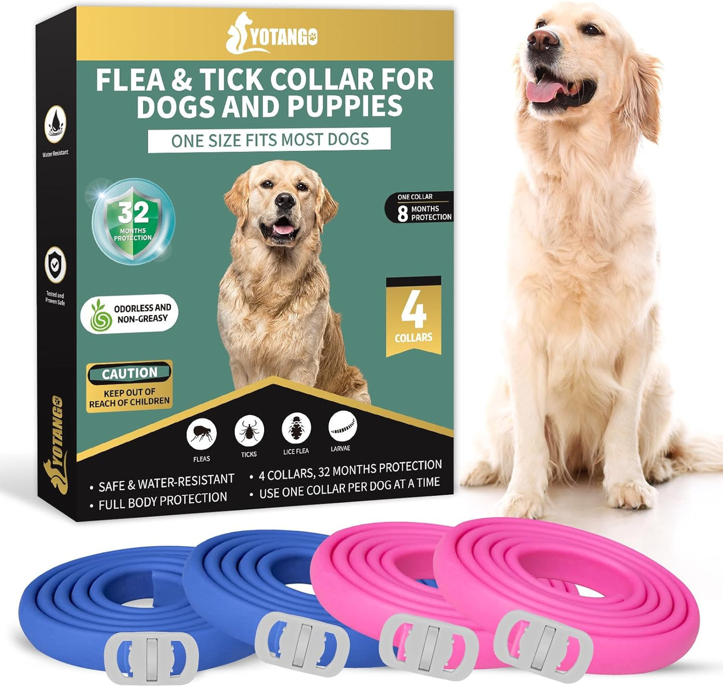 4 Pack Flea Collar for Dogs, Dog Flea Collar Waterproof, 32 Months Prevention, Dog Fleas and Tick Treatment, Adjustable Fleas and Tick Protection for Dogs Puppy(Blue & Pink)