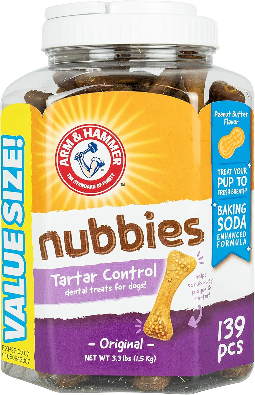 for Pets Nubbies Dental Treats for Dogs with Baking Soda and Calcium, Treat Chews Help Fight Bad Breath, Plaque & Tartar, Peanut Butter, Value Bucket, 139 Pcs (Packaging May Vary)