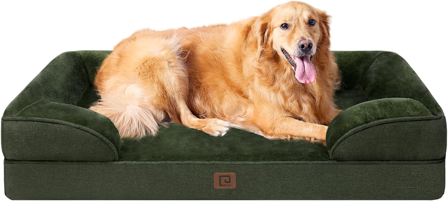 Orthopedic Dog Beds for Extra Large Dogs, Waterproof Memory Foam XL Pet Bed with Sides, Non-Slip Bottom and Egg-Crate Foam Big Dog Couch Bed with Washable Removable Cover, Dark Green