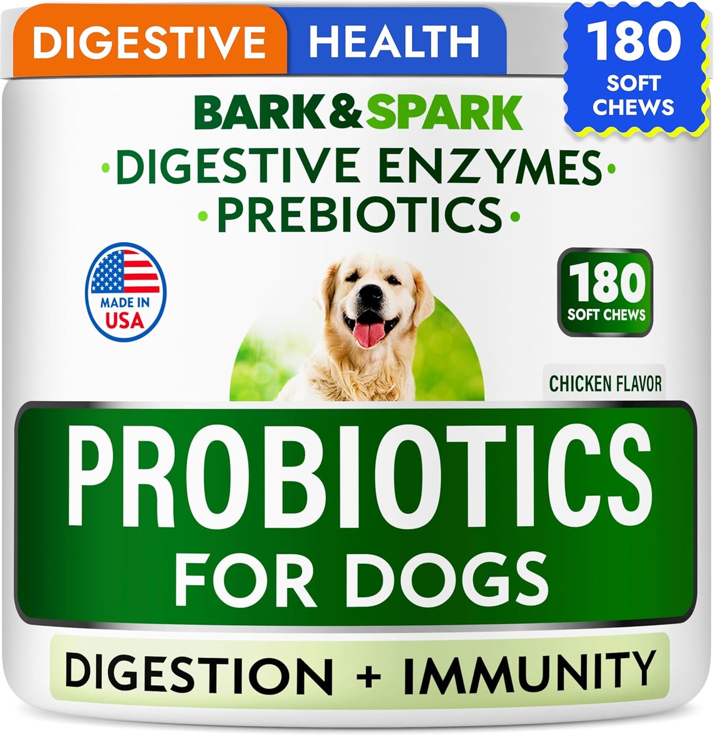 Dog Probiotics & Digestive Enzymes (Gut Health) Allergy & Itchy Skin - Pet Diarrhea Gas Treatment Upset Stomach Relief, Digestion Health Prebiotic Supplement Tummy Treat (180Ct Chicken)