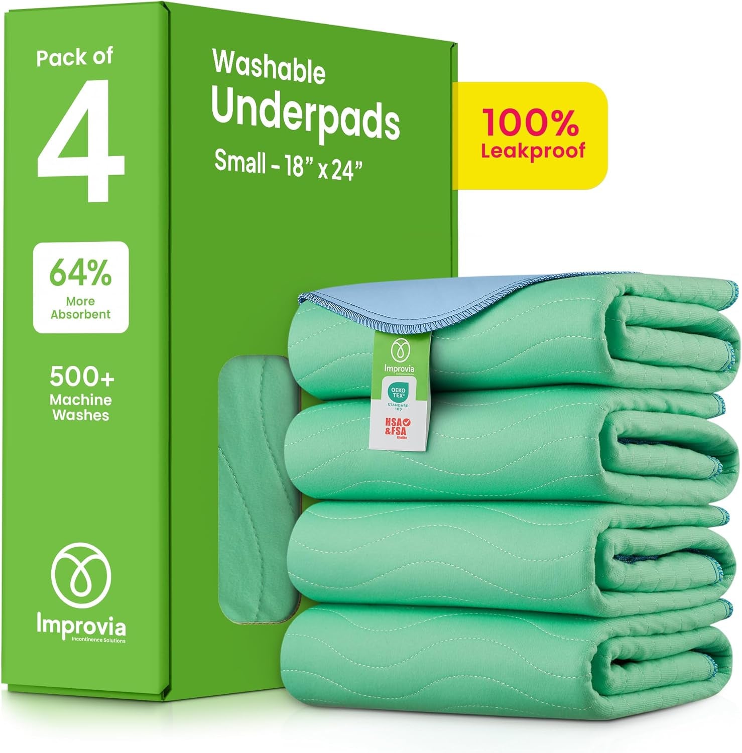 ® Washable Underpads, 18" X 24" (Pack of 4) - Heavy Absorbency Reusable Incontinence Pads for Kids, Adults, Elderly, and Pets - Waterproof Protective Pad for Bed, Couch, Sofa, Furniture, Floor