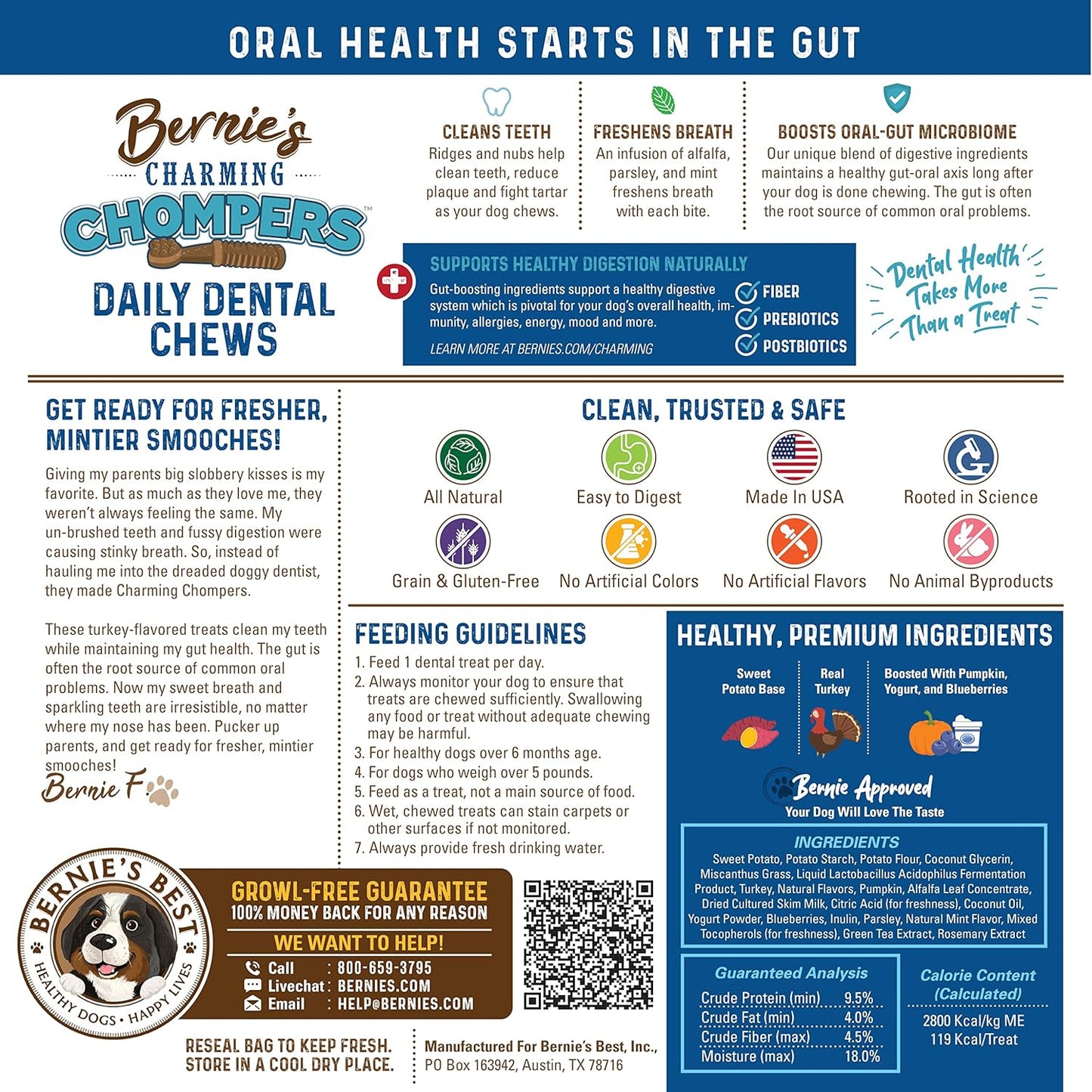 Charming Chompers - Daily Dental Chews for Dogs 50-100 Lbs. - 24 Count - Cleans Teeth, Freshens Breath, + Boosts Oral-Gut Microbiome. Easy to Digest, Supports Healthy Digestion Naturally