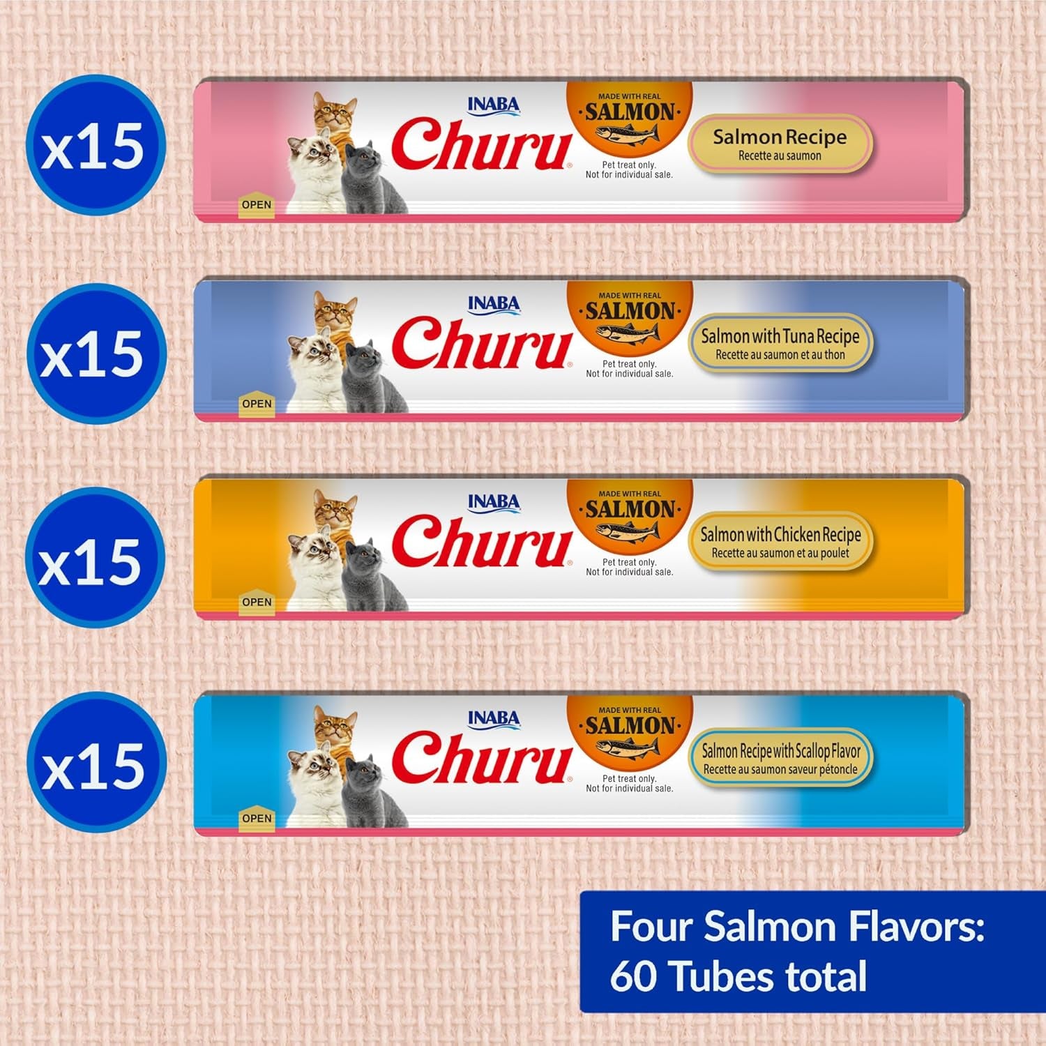 Salmon Churu Cat Treats, Lickable, Squeezable Creamy Purée Cat Treat with Green Tea Extract & Taurine, 0.5 Ounces Each Tube, 60 Tubes, Salmon Variety Box