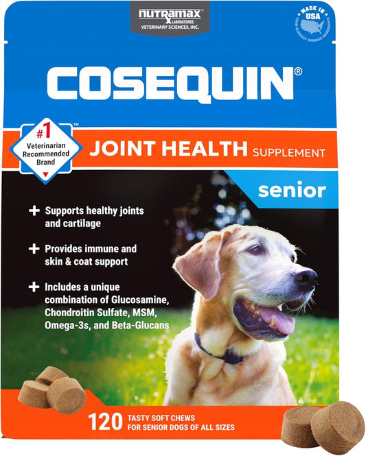 Nutramax Cosequin for Senior Dogs Joint Health Supplement, Contains Glucosamine, Chondroitin, MSM, Omega-3S and Beta-Glucan, Supports Joint, Skin and Coat, Immune Health, Soft Chews, 120 Count