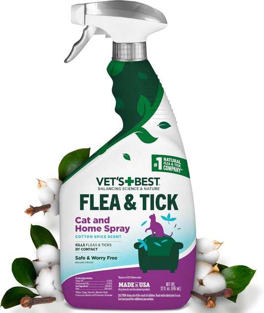 Natural Cat Flea & Tick Home Spray – Natural Plant-Based Pest Control with Cotton Spice Scent – Indoor Mist Flea Treatment for Cats – Safe & Gentle Formula Made in USA – 32 Oz