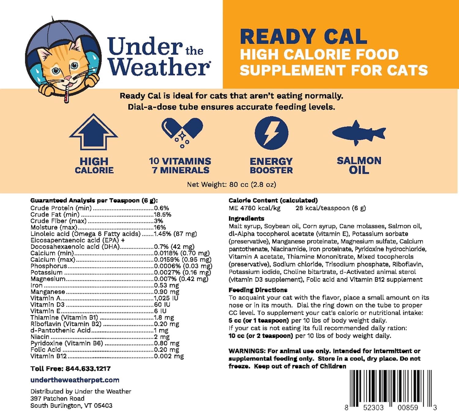 Pet | Ready Cal for Cats 100Cc | High Calorie Supplement | Cat Weight Gainer and High Calorie Booster | 10 Vitamins, 7 Minerals & Omega Fatty Acids (For Cats 100Cc)