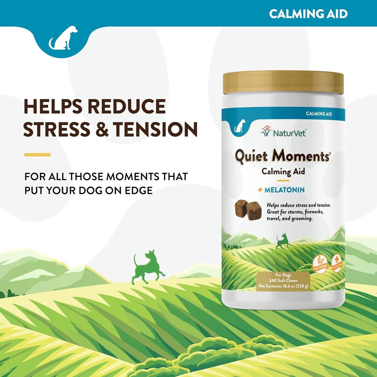 Quiet Moments Calming Dog Supplement, Dog Soft Chews with Melatonin to Help Reduce Stress from Storms, the Vet, Fireworks, and Travel, Bacon and Chicken Flavored Pet Supplement, 240 Count Jar