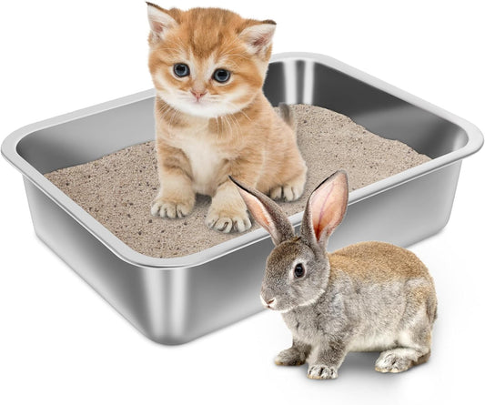 Stainless Steel Litter Box for Kitten, 15.7"×11.8"×4" Small Litter Box for Kittens Easy Entry, Non Odor, Easy to Clean, Metal Litterbox for Cat, Rabbit, Guinea Pigs and Hamsters