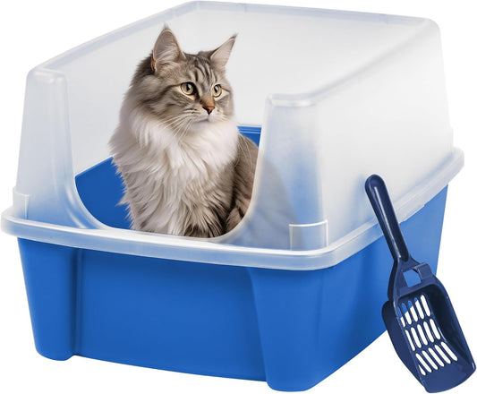 USA Large Cat Litter Box with Scatter Shield and Scoop, Open Top High Sided Cat Litter Pan, Blue