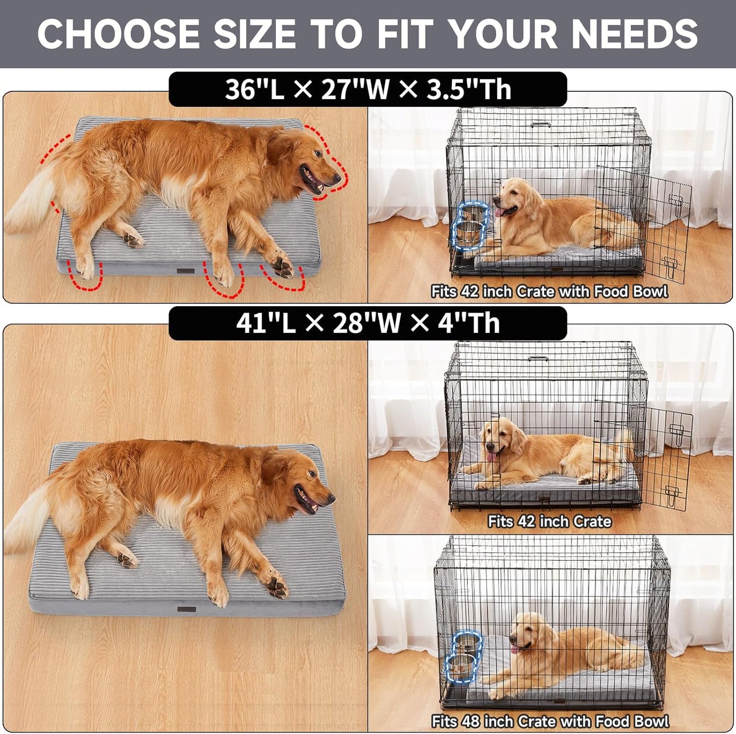 41 Inches Orthopedic Waterproof & Machine Washable Dog Bed for Large Pets, Suitable for Crates, 25D Egg Crate Foam, Non-Slip Bottom & Removable Cover(Gray)
