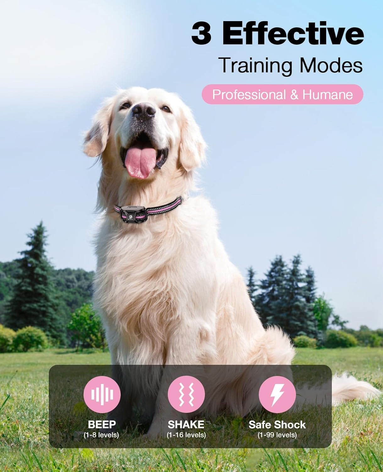 Dog Shock Collar - 3300Ft Dog Training Collar with Remote for 5-120Lbs Small Medium Large Dogs Rechargeable Waterproof E Collar with Beep (1-8), Vibration(1-16), Safe Shock(1-99) (Lightpink)