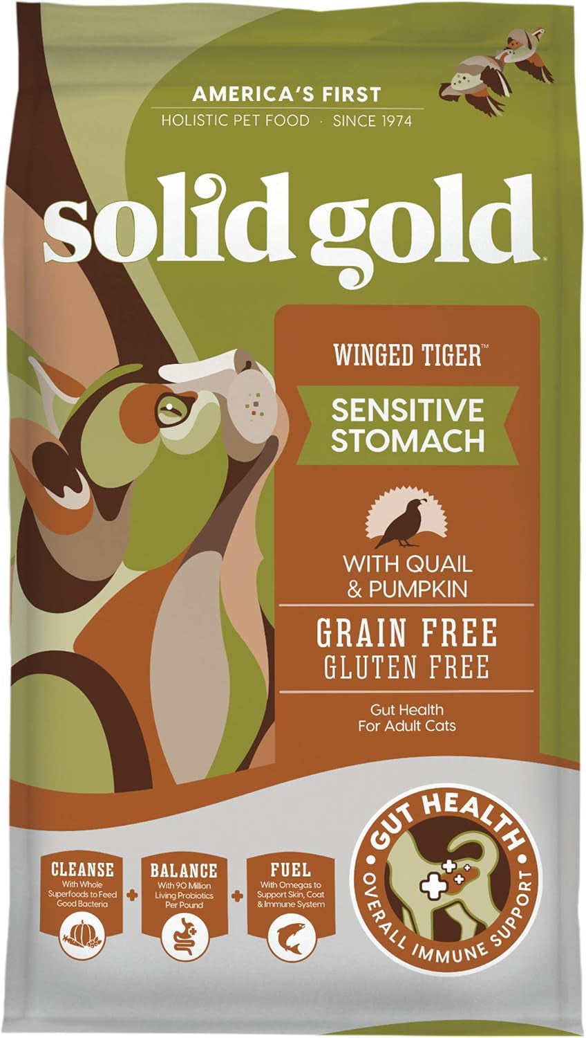 Sensitive Stomach Dry Cat Food - Grain Free & Gluten Free Sensitive Stomach Cat Food for Indoor Adult & Senior Cats - Dry Kibble for Cats W/Quail, Pumpkin & Probiotics for Gut Health - 6Lb