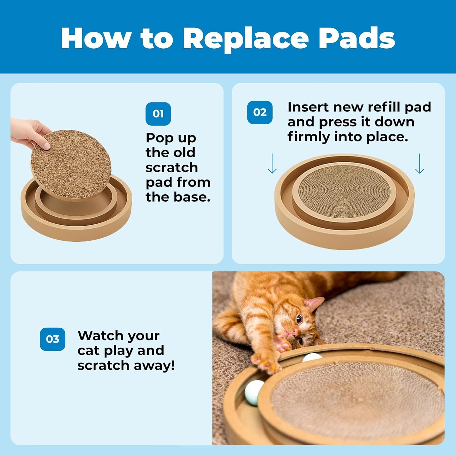 Cat Scratcher Replacement Pads - Cardboard Cat Scratcher Pad, Relieves Stress, Supports Pet Behaviors, 3 Count