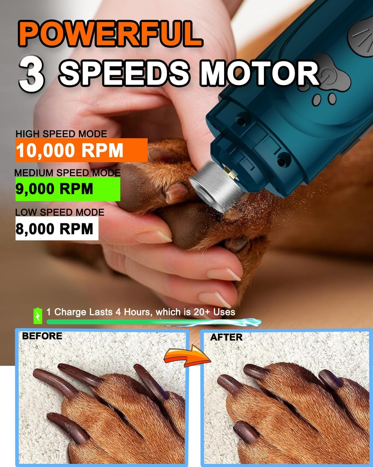 Dog Nail Trimmers and Dog Nail Clippers Kit, Whisper Quiet Electric Grinder with Light, Rechargeable, for Small, Medium, Large Dogs, Cats Toenail & Claw Grooming, 3 Speeds