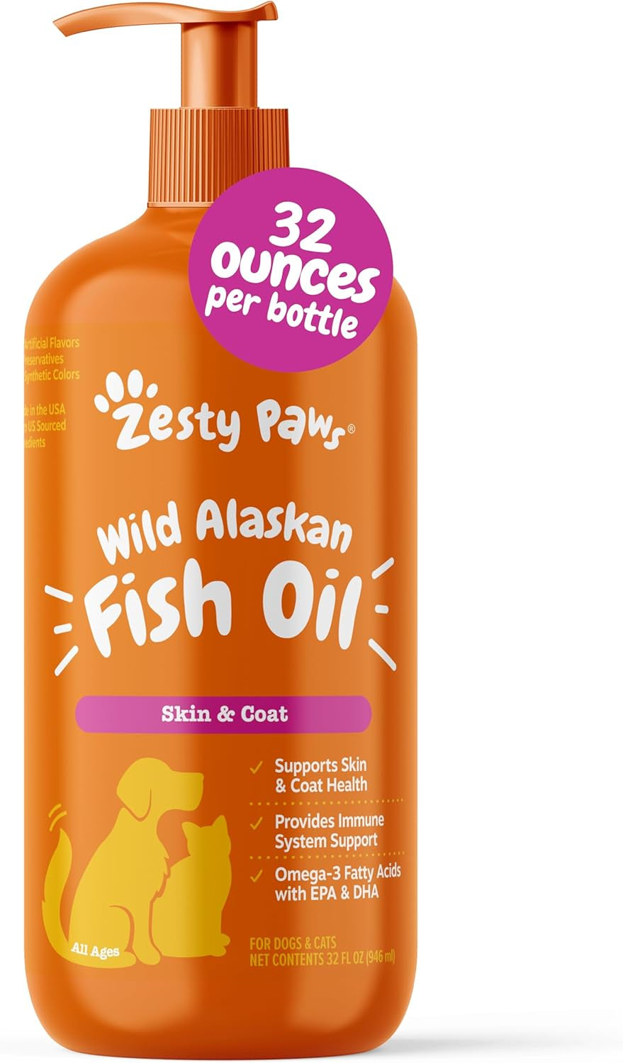 Wild Alaskan Fish Oil for Dogs & Cats - Pollock & Salmon Oil Blend - Omega 3 Fatty Acids EPA & DHA for Pets - for Sensitive Skin + Coat Health - Immune System Support - 32 Fl Oz