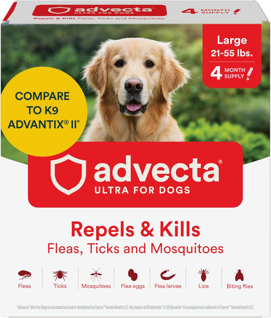 Ultra Flea and Tick Prevention for Dogs - Large Dog Flea and Tick Treatment & Control - Mosquito Repellent - Fast Acting Waterproof Topical Drops, 4 Month Supply