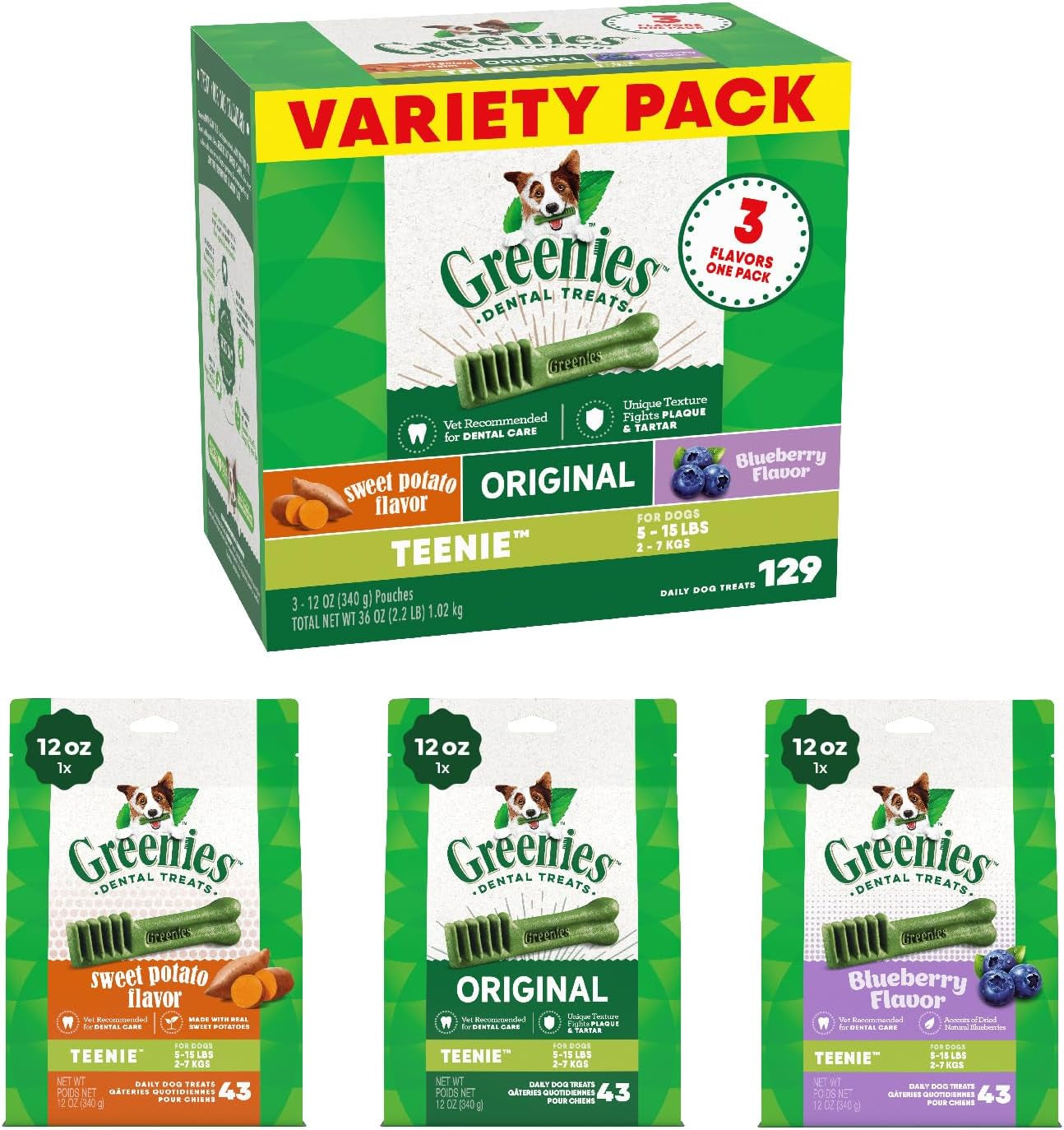 Teenie Dental Dog Treats 3-Flavor Variety Pack, (3) 12 Oz. Pouches, 129 Total Treats