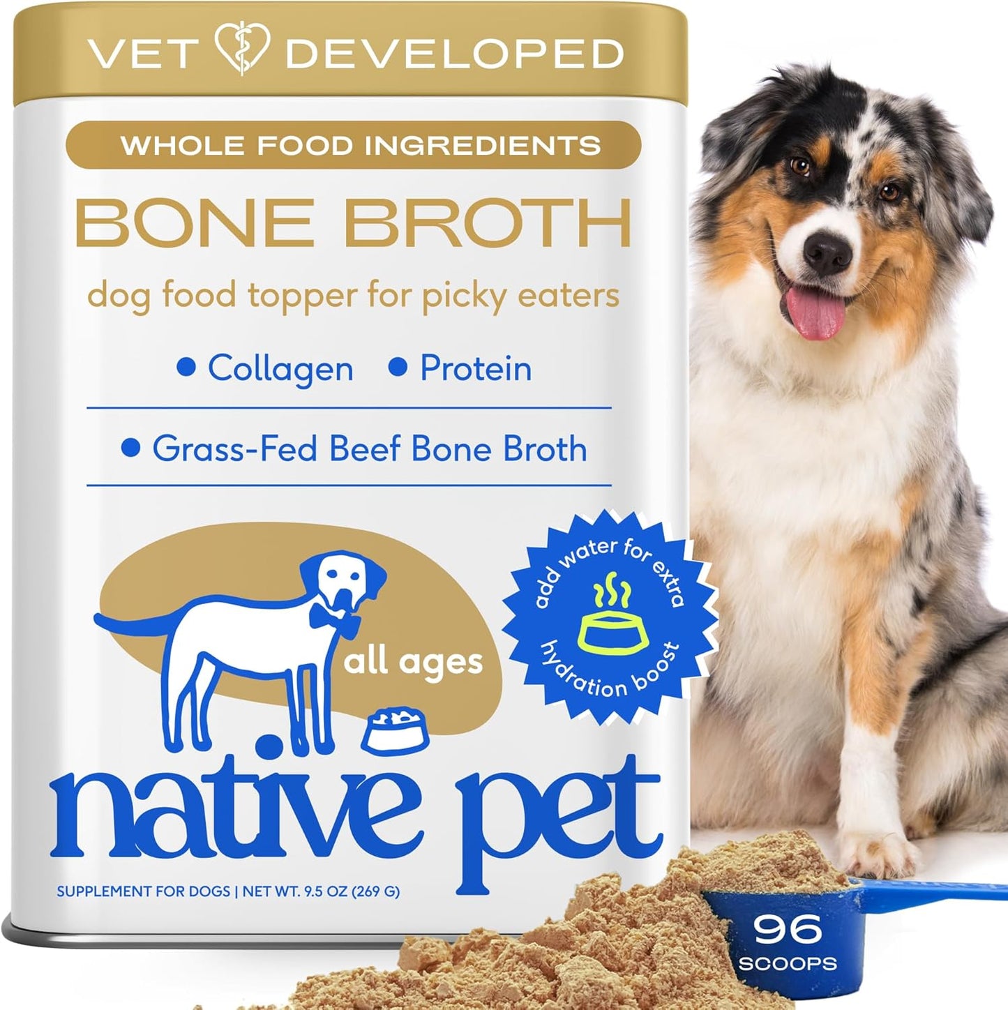 Bone Broth for Dogs and Cats - Made with Real Beef Bone Broth, Dog Food Toppers for Picky Eaters - Provides Extra Hydration & Nutrition for Joint Strength, Immunity & Heart Health-96 Scoops