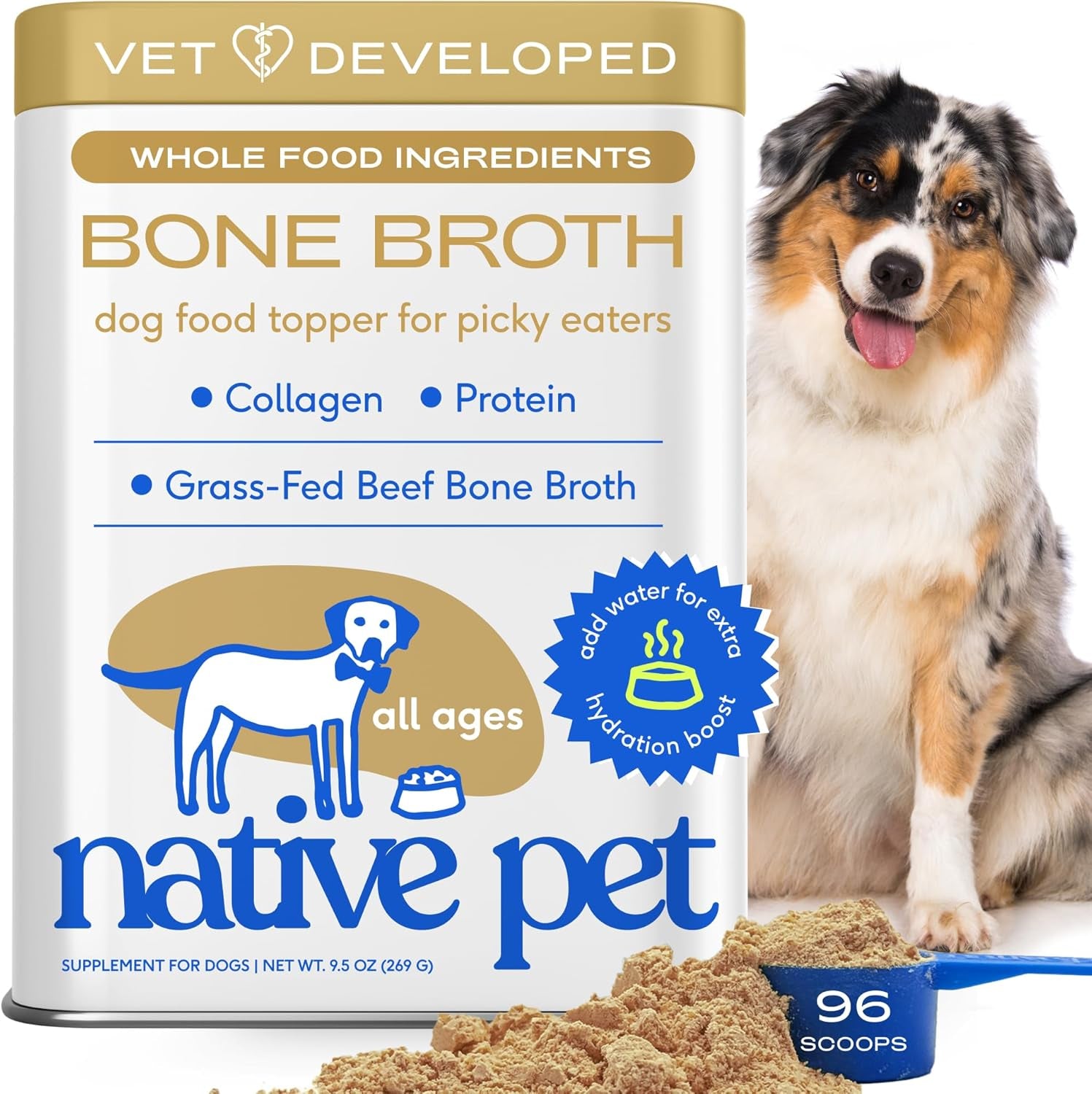 Bone Broth for Dogs and Cats - Made with Real Beef Bone Broth, Dog Food Toppers for Picky Eaters - Provides Extra Hydration & Nutrition for Joint Strength, Immunity & Heart Health-96 Scoops