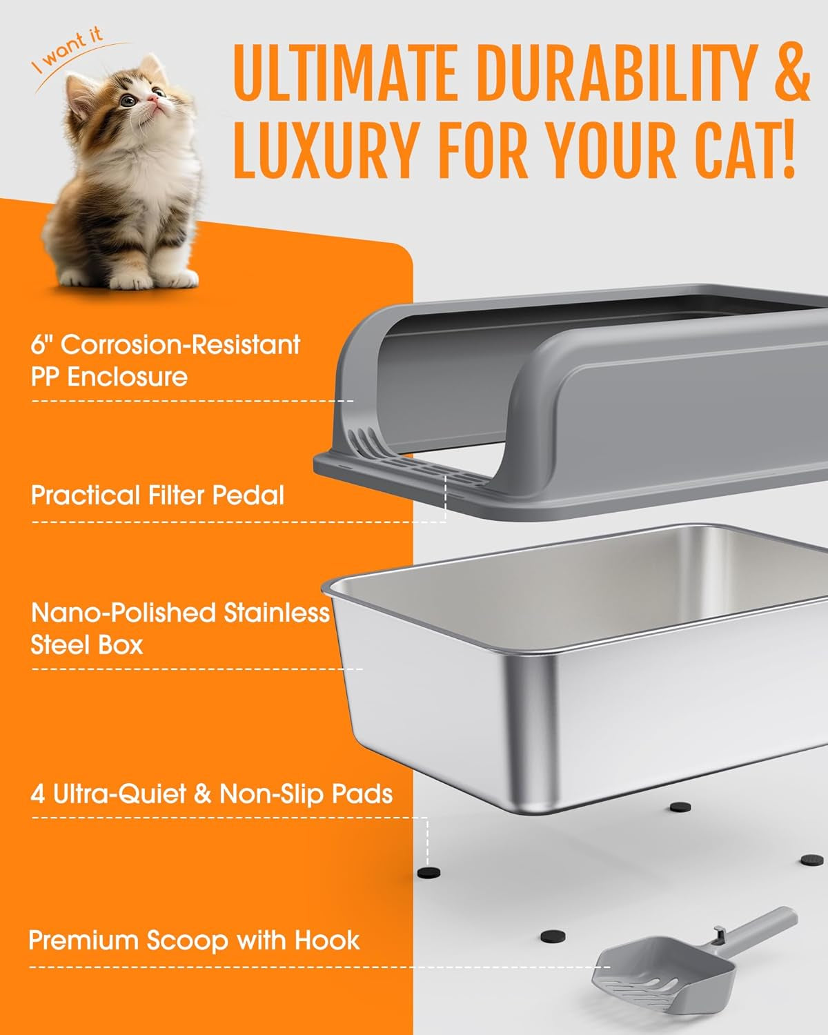 Stainless Steel Cat Litter Box, Metal Kitty Litter Box with Scoop, Anti-Leakage Top Entry, Non-Sticky, Easy to Clean, Grey, 13.5" × 17.3" × 11"