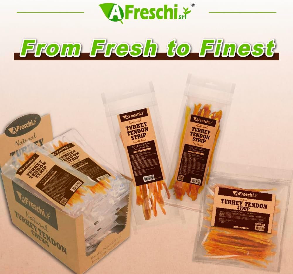 Afreschi Turkey Tendon Dog Treats, Strip 3.53 Oz, USA Sourced Turkey, All Natural Human Grade Puppy Chew, Hypoallergenic, Rawhide Alternative, for Small Breeds