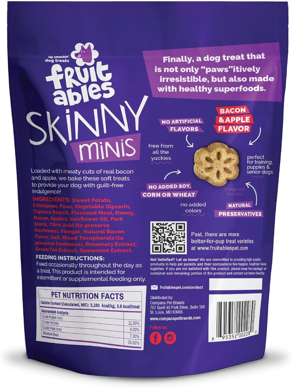 Skinny Mini Dog Treats, Healthy Sweet Potato Treat for Dogs, Low Calorie & Delicious, Puppy Training, Free of Wheat, Corn and Soy, Made in the USA, Bacon and Apple Flavor, 5Oz