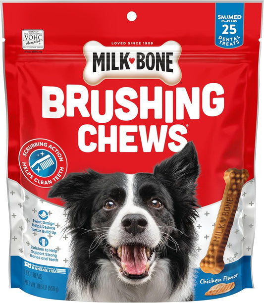 Original Brushing Chews, 25 Small/Medium Daily Dental Dog Treats Scrubbing Action Helps Clean Teeth