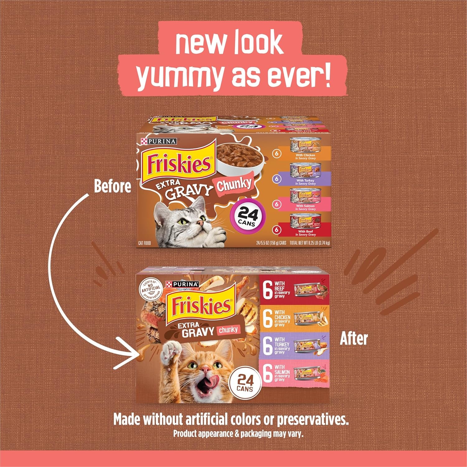 Purina  Extra Gravy Wet Cat Food Chunky 24Ct Variety Pack (With Chicken, Turkey, Salmon, Beef) - (Pack of 24) 5.5 Oz. Cans