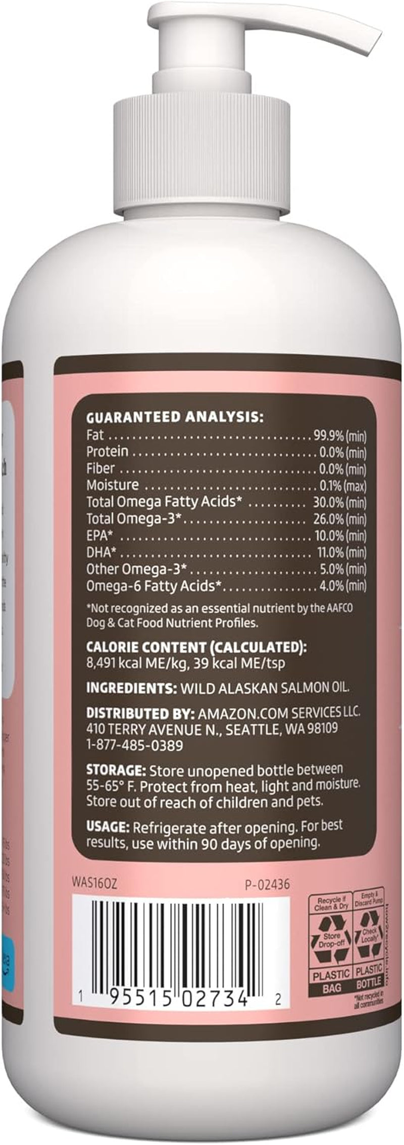 Amazon Brand -  Wild Alaskan Salmon Oil - Skin and Coat Support, Omega 3 Supplement for Dog and Cat , 16 Fl Oz