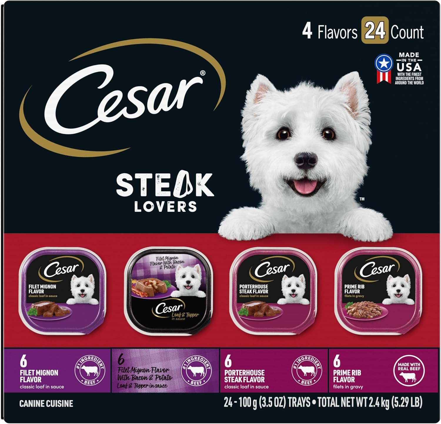 Wet Dog Food Steak Lovers Variety Pack with Real Meat, 3.5 Oz. Trays (24 Count, Pack of 1)