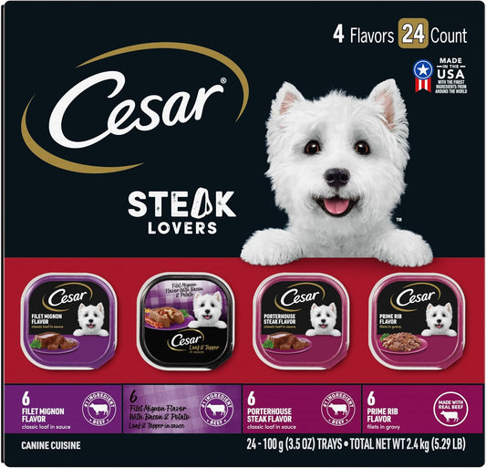 Wet Dog Food Steak Lovers Variety Pack with Real Meat, 3.5 Oz. Trays (24 Count, Pack of 1)