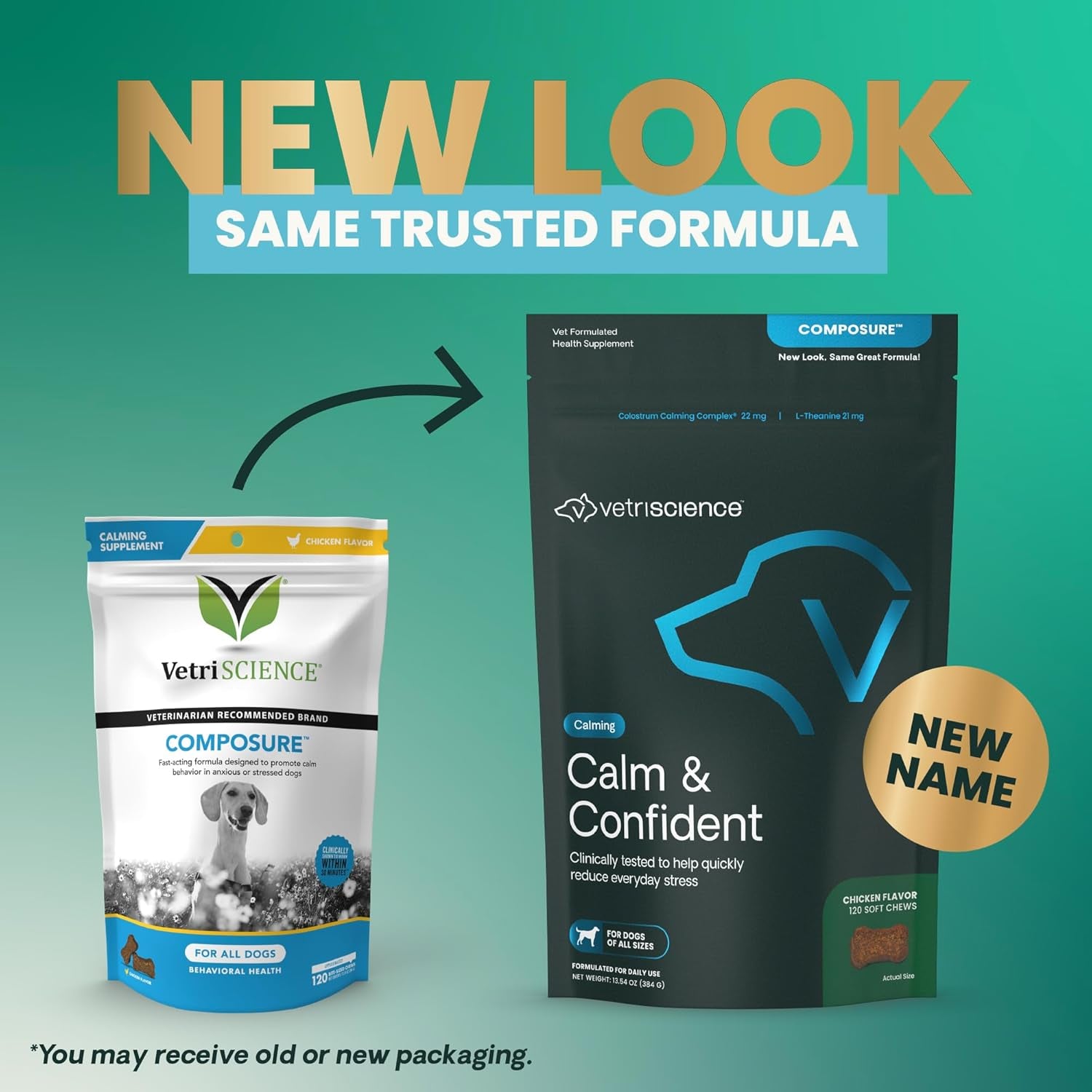 Calm & Confident Chews, Composure Clinically Tested Calming Supplement for Dogs, Reduce Stress & Fear, Ideal for Thunderstorms, Fireworks & Travel, Chicken, 120 Count - New Look