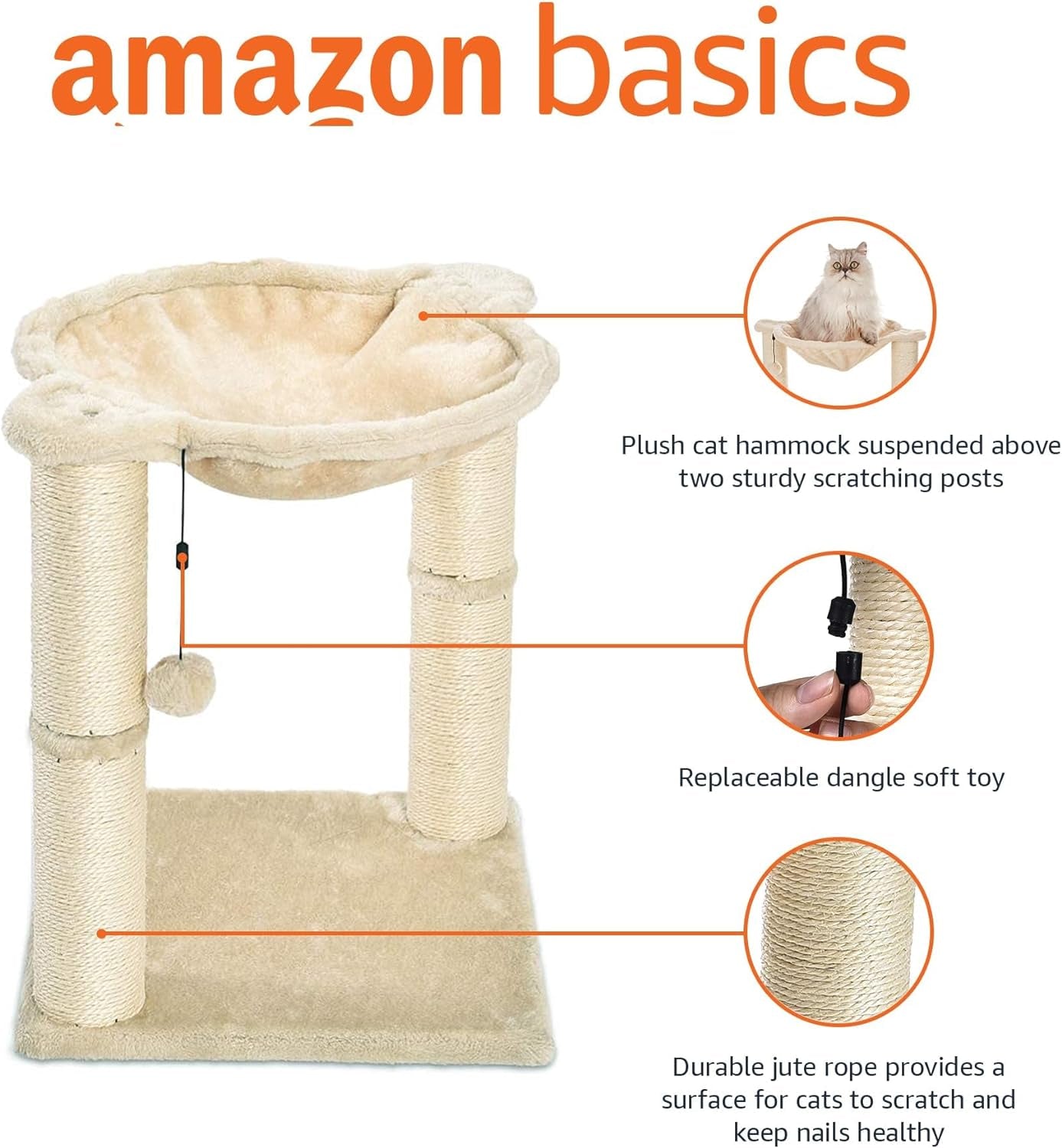 Cat Condo Tower with Hammock Bed and Scratching Post,Easy to Assemble,Plush Hammock,Interactive Hanging Ball,Durable Sisal Scratch Posts for Indoor Cats, 15.8 X 15.8 X 19.7 Inches, Beige