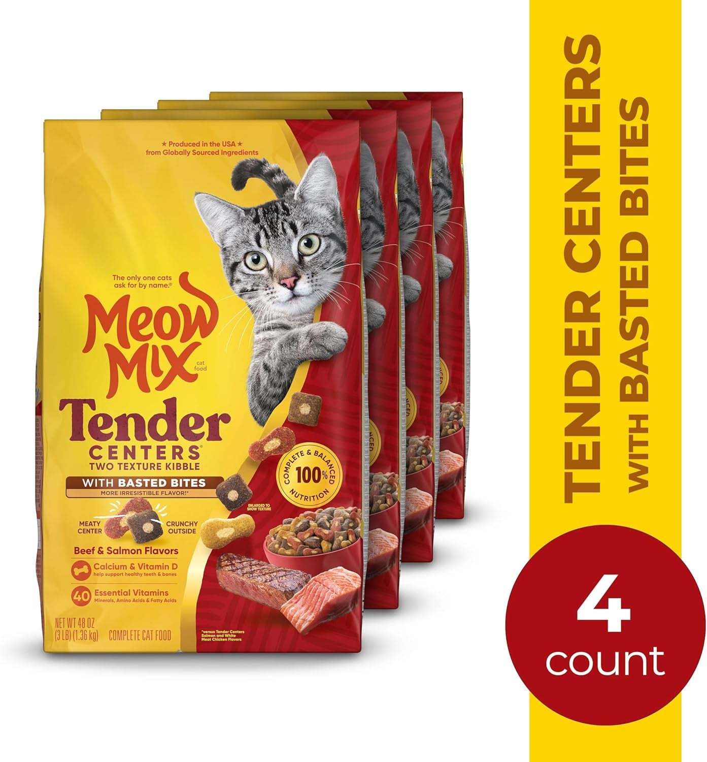 Tender Centers Basted Bites Dry Cat Food, Beef & Salmon Flavors, 3 Pound (Pack of 4), Crunchy outside Meaty Inside