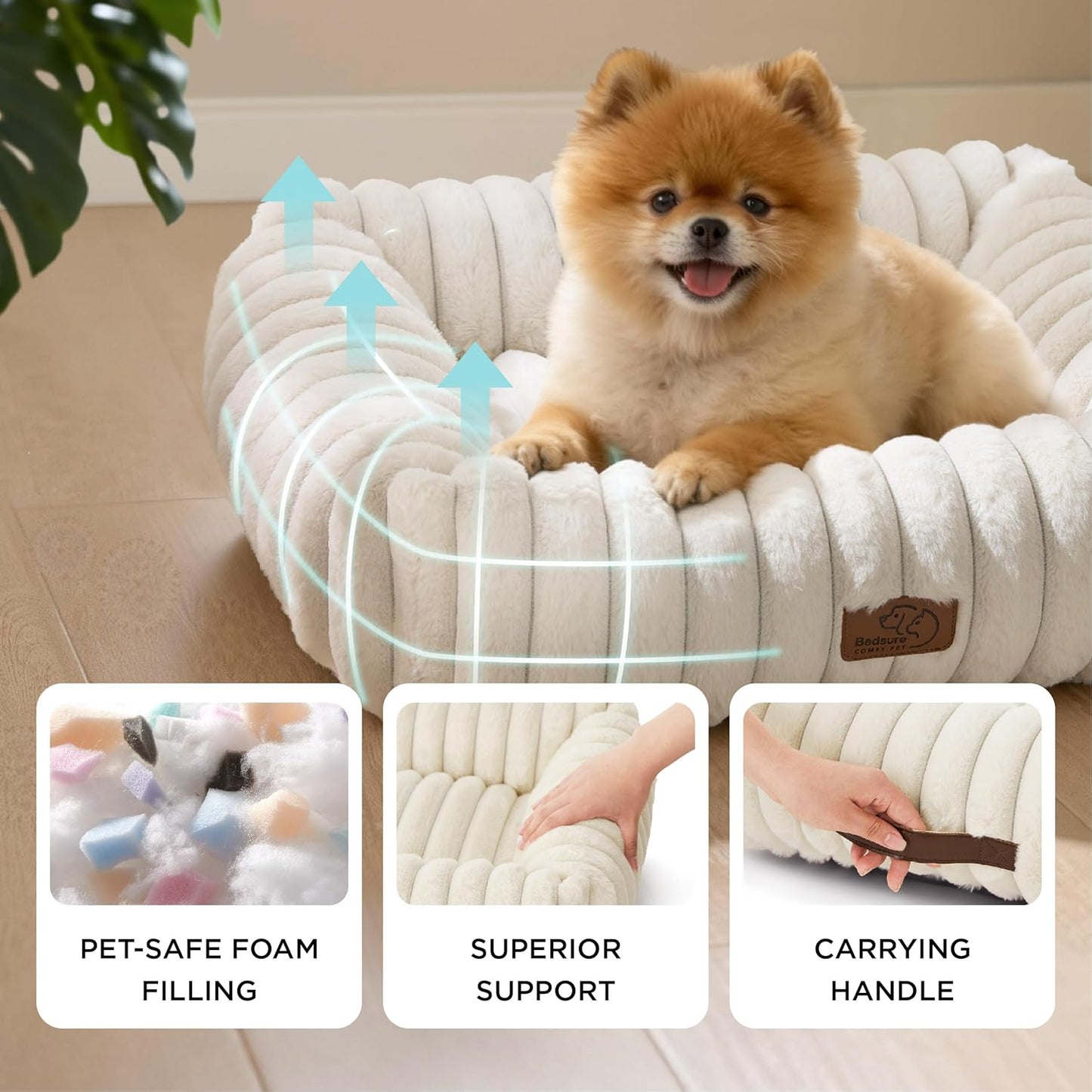 Cute Dog Bed for Small Medium Dogs - Washable Furry Puppy Beds, Rectangle Orthopedic Corduroy Fleece Pet Beds with Removable Zipper Cover, 25X21X7Inches, Cream