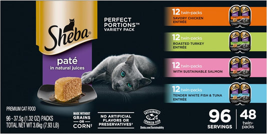 Perfect Portions Wet Cat Food Pate Savory Chicken, Roasted Turkey, with Sustainable Salmon, and Tender Whitefish & Tuna Variety Pack, 2.6 Oz. Twin-Pack Trays (48 Count, 96 Servings)