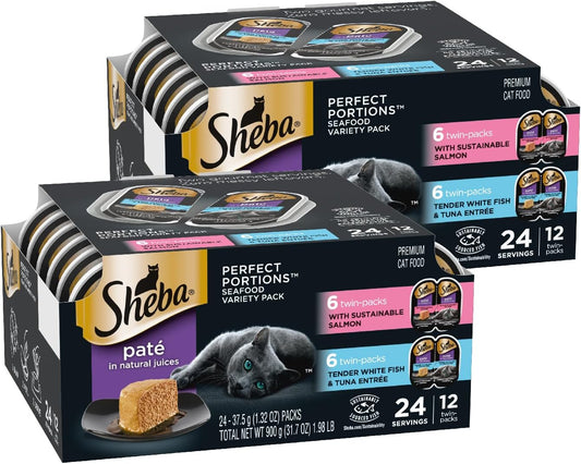 Perfect Portions Wet Cat Food Pate with Sustainable Salmon and Tender Whitefish & Tuna Entree Variety Pack, 2.6 Oz. Twin-Pack Trays (12 Count, 24 Servings) (Pack of 2)
